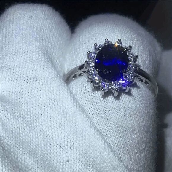 SAPPHIRE DIAMOND HALO WHITE GOLD RING - SIZE 7 - Picture 3 of 7